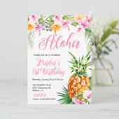 Blush Pink Floral Aloha Ananas Verjaardagsfeest Kaart (Staand voorkant)