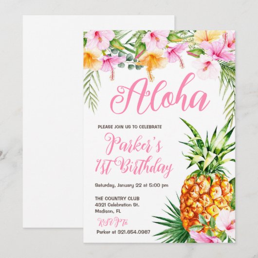 Blush Pink Floral Aloha Ananas Verjaardagsfeest Kaart (Voorkant / Achterkant)