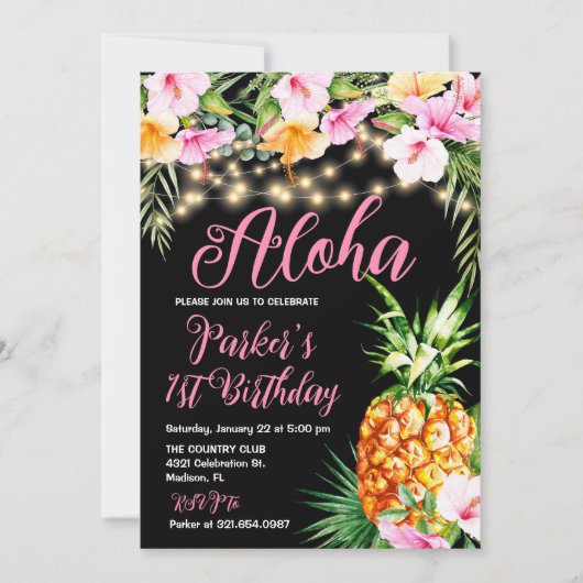 Blush Pink Floral Aloha Ananas Verjaardagsfeest Kaart (Voorkant)