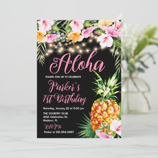 Blush Pink Floral Aloha Ananas Verjaardagsfeest Kaart (Staand voorkant)