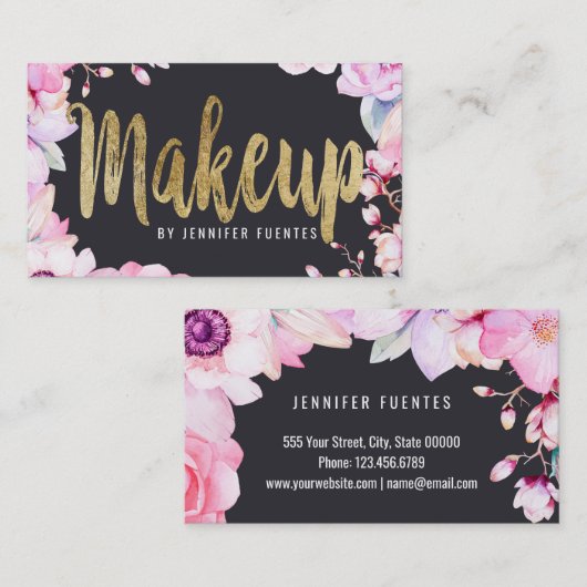 Blush Pink Floral and Black Gold Makeup Artist Visitekaartje (Voorkant / Achterkant)