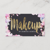 Blush Pink Floral and Black Gold Makeup Artist Visitekaartje (Voorkant)