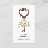Blush Pink Floral Antiek Key Real Estate Agent Visitekaartje (Voorkant)