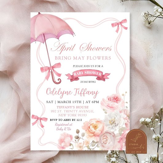 Blush Pink Floral April Baby shower Kaart