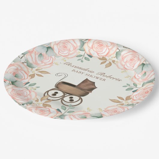 Blush Pink Floral Baby Carriage Douche op maat Papieren Bordje (Gekanteld)