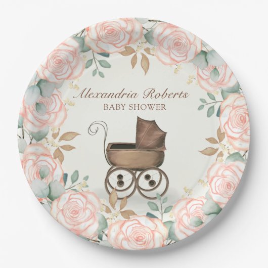 Blush Pink Floral Baby Carriage Douche op maat Papieren Bordje (Voorkant)