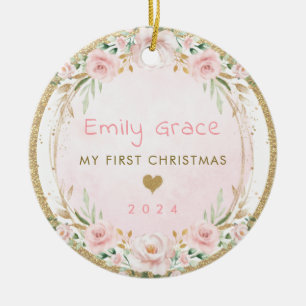 Blush Pink Floral Baby Eerste Kerstmis Keramisch Ornament