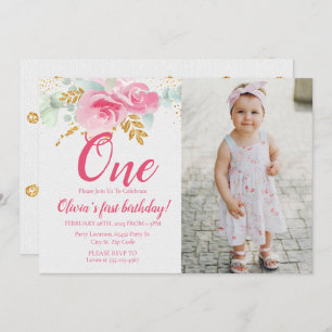 Blush Pink Floral Baby eerste verjaardag Foto Kaart