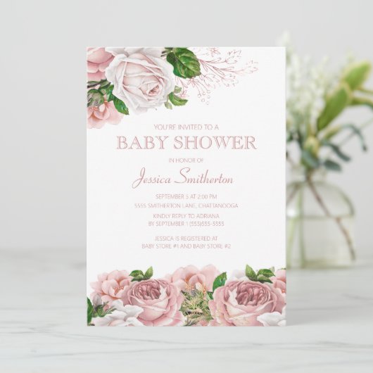 Blush Pink  Floral Baby Girl Baby shower Kaart (Staand voorkant)