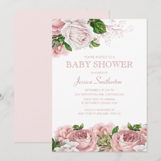 Blush Pink  Floral Baby Girl Baby shower Kaart (Voorkant / Achterkant)