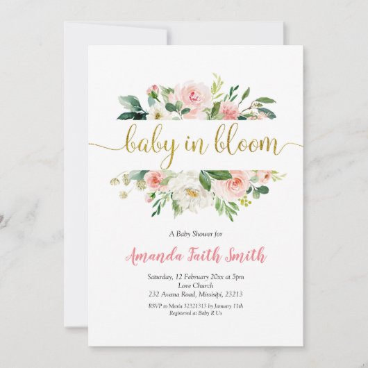 Blush Pink Floral Baby in Bloom Baby shower Kaart (Voorkant)