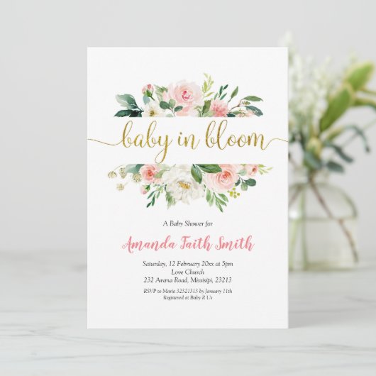 Blush Pink Floral Baby in Bloom Baby shower Kaart (Staand voorkant)