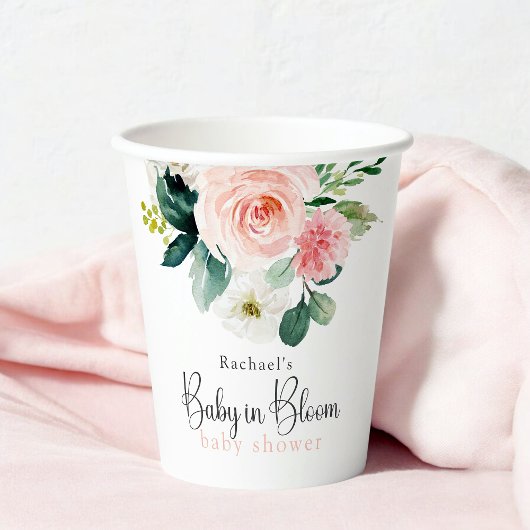 Blush Pink Floral Baby in Bloom Baby shower Papieren Bekers