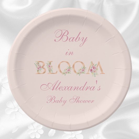 Blush Pink Floral Baby in Bloom Baby shower Papieren Bordje