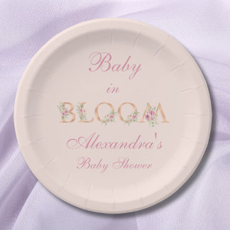 Blush Pink Floral Baby in Bloom Baby shower Papieren Bordje
