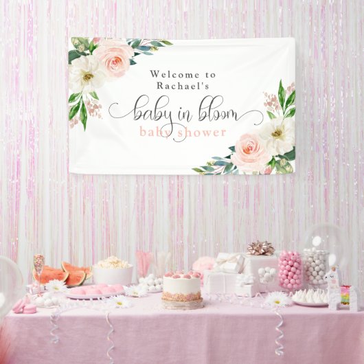 Blush Pink Floral Baby in Bloom Baby shower Spandoek (Feest)