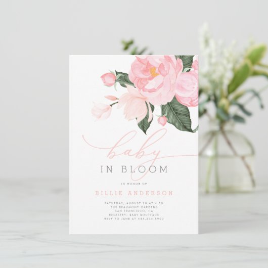 Blush Pink Floral Baby in Bloom Shower Girl Kaart (Staand voorkant)