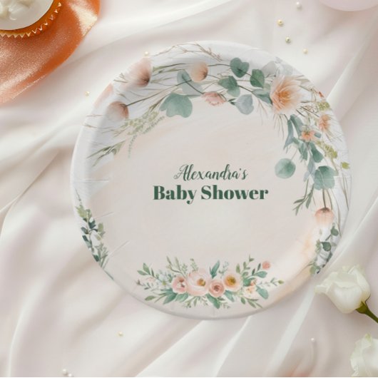 Blush Pink Floral Baby in Bloom Shower Papieren Bordje