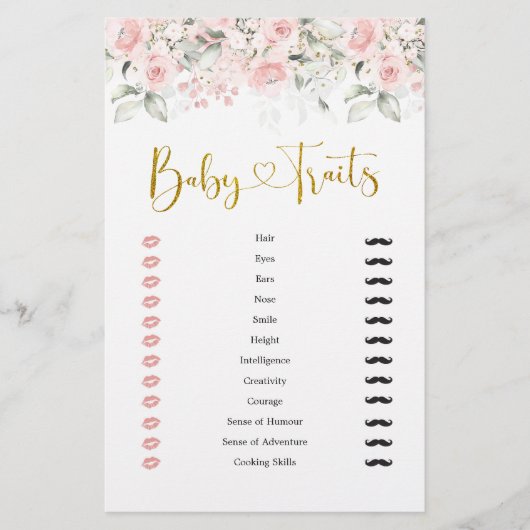 Blush Pink Floral Baby shower Baby Traits spel (Voorkant)