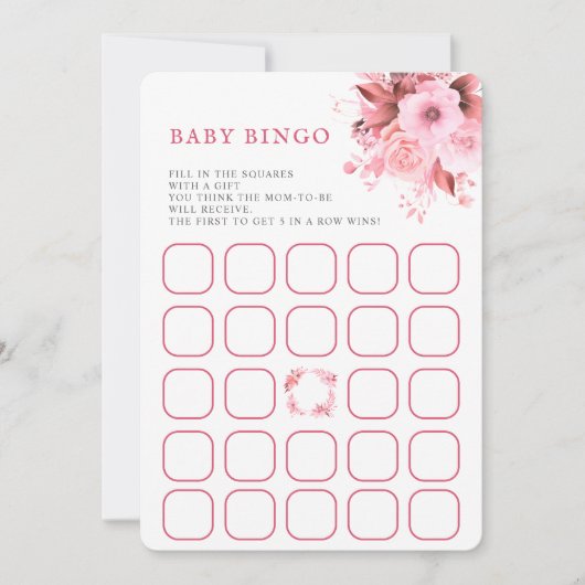 Blush Pink Floral Baby shower Bingo Game Kaart (Voorkant)