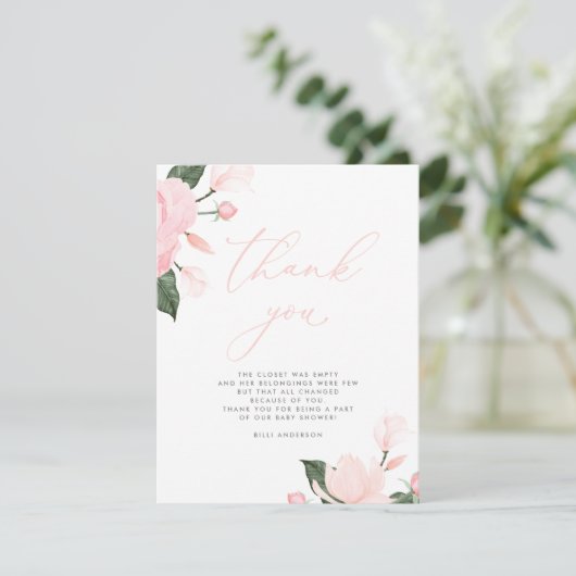 Blush Pink Floral Baby shower Dank je wel Bedankkaart (Staand voorkant)