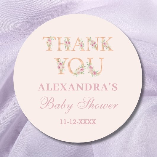 Blush Pink Floral Baby shower Dank je wel Ronde Sticker