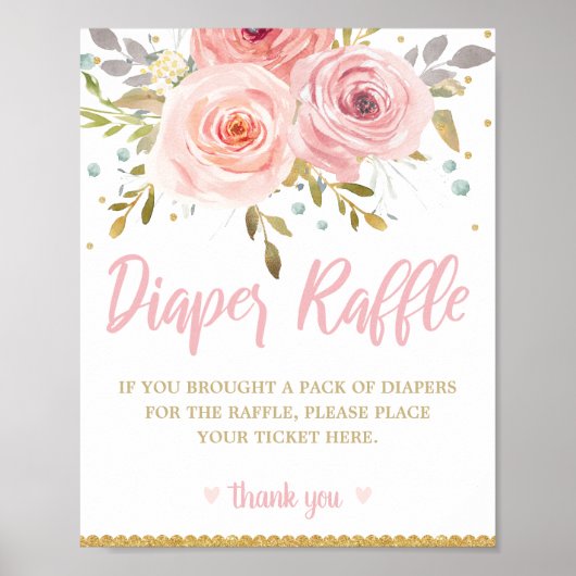 Blush Pink Floral Baby shower Diaper Raffle Sign Poster (Voorkant)