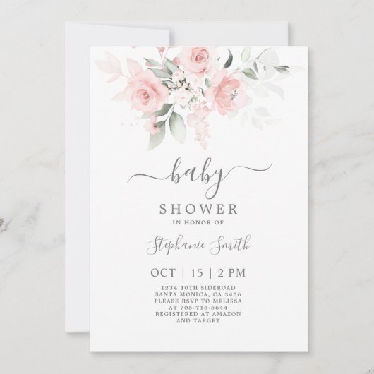Blush Pink Floral Baby shower Girl Invitation Kaart (Voorkant)