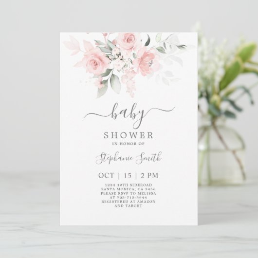 Blush Pink Floral Baby shower Girl Invitation Kaart (Staand voorkant)