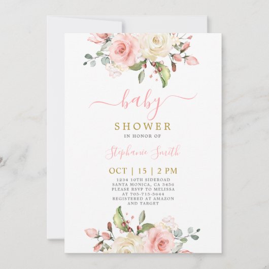 Blush Pink Floral Baby shower Girl Invitation Kaart (Voorkant)