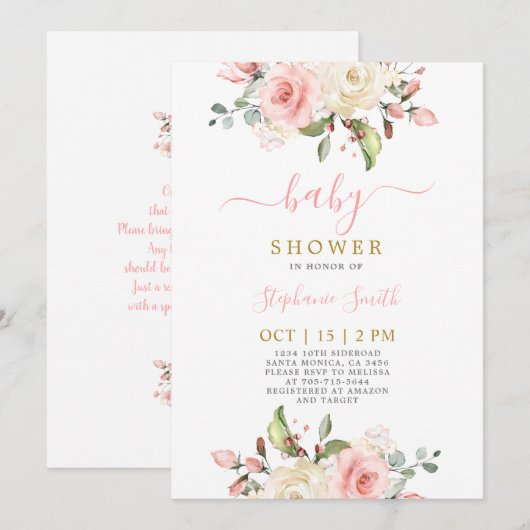 Blush Pink Floral Baby shower Girl Invitation Kaart (Voorkant / Achterkant)