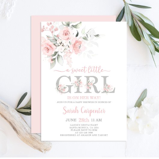 Blush Pink Floral Baby shower Girl Invitation Kaart