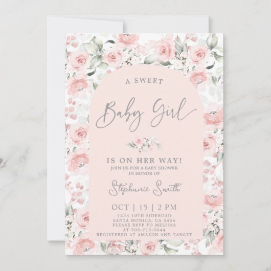 Blush Pink Floral Baby shower Girl Invitation Kaart (Voorkant)