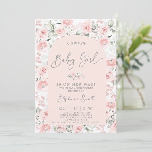 Blush Pink Floral Baby shower Girl Invitation Kaart (Staand voorkant)