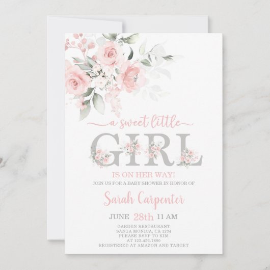Blush Pink Floral Baby shower Girl Invitation Kaart (Voorkant)