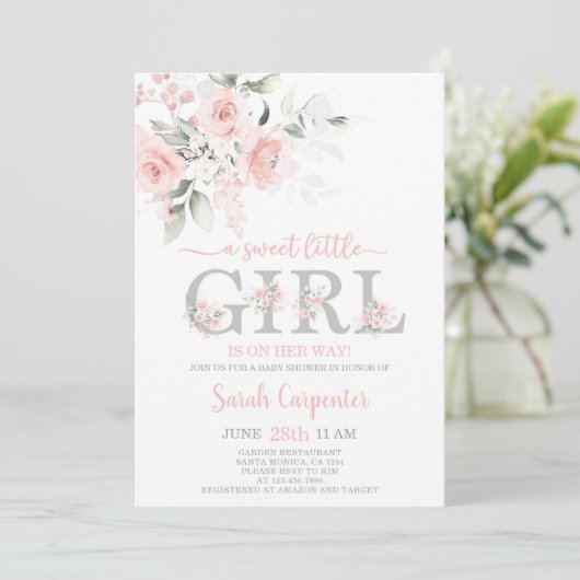 Blush Pink Floral Baby shower Girl Invitation Kaart (Staand voorkant)