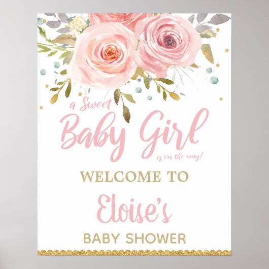 Blush Pink Floral Baby shower Girl Welcome Sign Poster (Voorkant)