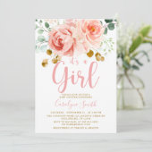 Blush Pink Floral Baby shower Invitation Girl Kaart (Staand voorkant)