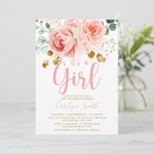Blush Pink Floral Baby shower Invitation Girl Kaart (Staand voorkant)