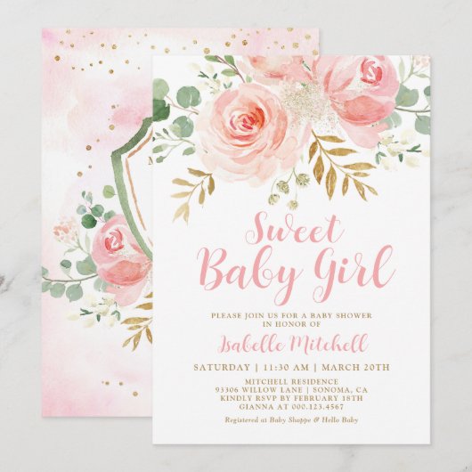 Blush Pink Floral Baby shower Kaart (Voorkant / Achterkant)