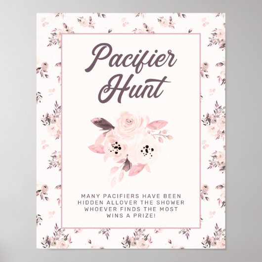 Blush Pink Floral Baby shower Pacifier Game Sign. Poster (Voorkant)