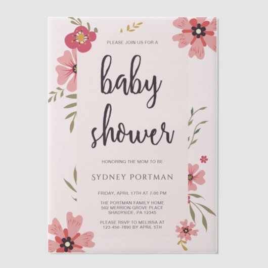  Blush Pink Floral Baby shower Vellum Uitnodigingen (Voorkant)
