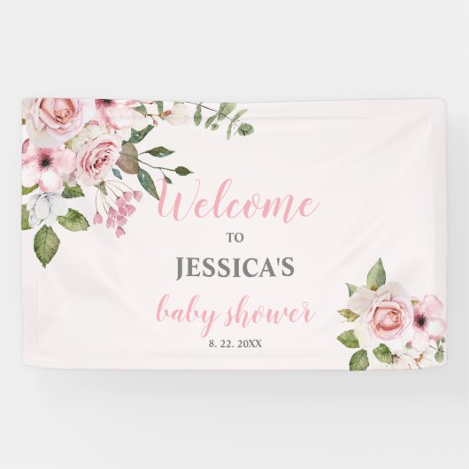 Blush Pink Floral Baby shower Welkom, Poster Spandoek (Horizontaal)