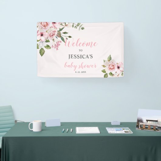 Blush Pink Floral Baby shower Welkom, Poster Spandoek (Beurs)