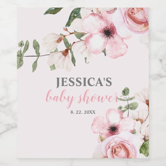 Blush Pink Floral Baby shower Wijn Etiket (Enkel label)