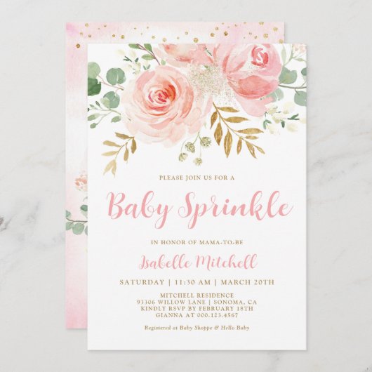 Blush Pink Floral Baby Sprinkle Invitation Kaart (Voorkant / Achterkant)