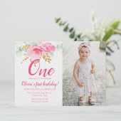 Blush Pink Floral Baby's eerste verjaardagsfoto Kaart (Staand voorkant)