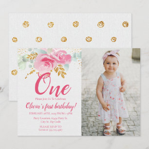 Blush Pink Floral Baby's eerste verjaardagsfoto Kaart