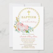 Blush Pink Floral Baptism and First Birthday Invi Kaart (Voorkant)