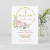 Blush Pink Floral Baptism and First Birthday Invi Kaart (Staand voorkant)